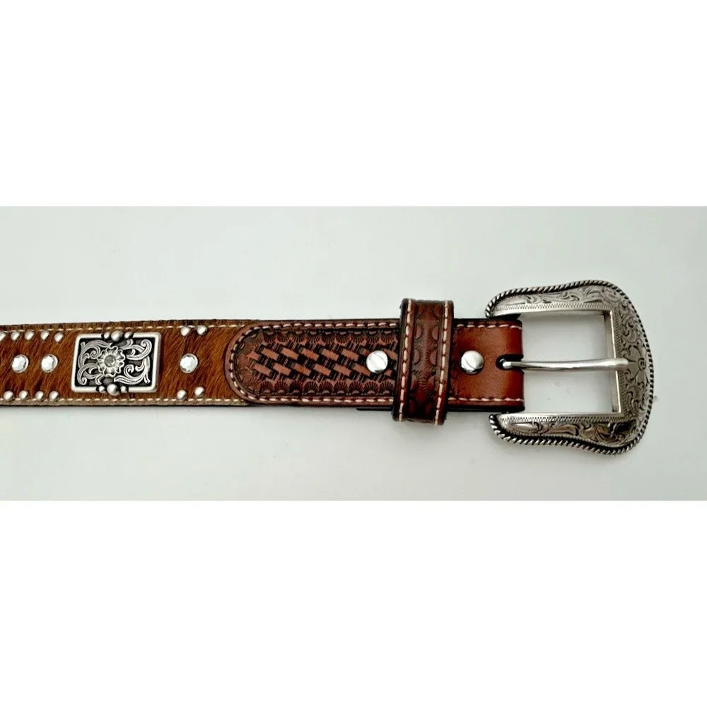 Nocona Youth Calf Hair Embossed Leather Brown Belt #83669 Size 26 Rodeo Cowboy